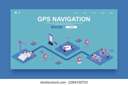 GPS navigation concept 3d isometric landing page template. People use online maps in applications, create and track routes with location search. Vector illustration in isometry graphic design.