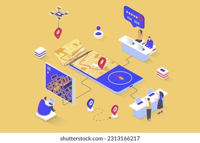GPS navigation concept in 3d isometric design. Map navigation system with pointer, road traffic and online tracking in mobile app screen. Vector illustration with isometry people scene for web graphic