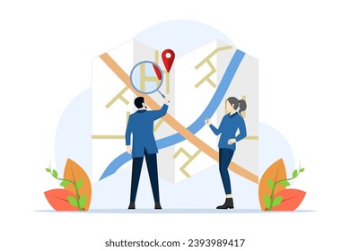 concepto de navegación GPS. persona de carácter mirando la ubicación. Mapa en línea. Nos hemos movido. Fondo del paisaje urbano. Estilo moderno de dibujos animados planos. Ilustración vectorial.