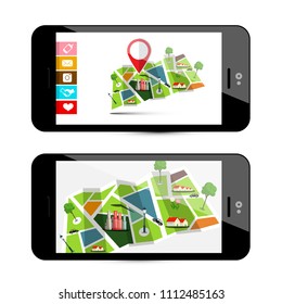 GPS Navigation Concept with City Map - Smartphone Application. Mobile Phone App with Pin and Buttons.