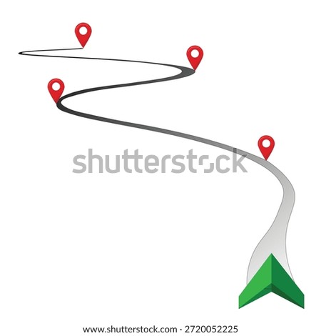 GPS navigation concept with curved path, location markers, and green direction pointer on white background.