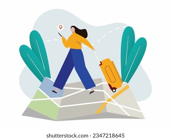 GPS navigation concept. Female person looking at smartphone location. Online map. Symbol of vacation and destination. Flat cartoon illustration design.