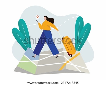 GPS navigation concept. Female person looking at smartphone location. Online map. Symbol of vacation and destination. Flat cartoon illustration design.