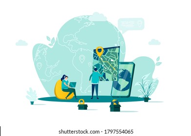 GPS navigation concept in flat style. Man uses GPS navigator scene. Navigate mapping technology, cartography and geolocation system banner. Vector illustration with people characters in work situation