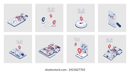 GPS navigation concept of isometric icons in 3d isometry design for web. Global positioning system with maps, traffic and streets view, compass navigator, location route pointers. Vector illustration