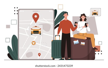 GPS navigation concept. Man and woman near smartphone with map. Mobile application for travelers and tourists. Couple with geolocation. Cartoon flat vector illustration isolated on white background