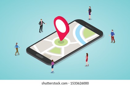 gps navigation concept with people and smartphone and maps and marker with modern isometric flat style - vector
