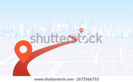 GPS Navigation Concept. Route on the map to pin in city street map. Red navigation path and destination pins. Vector illustration