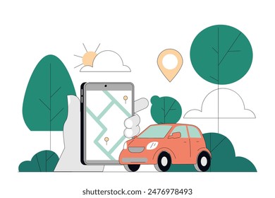 Concepto de navegación GPS. Un smartphone estilizado con una aplicación de mapas que señala la ruta de un coche rojo en medio de una vegetación minimalista. Ilustración vectorial.