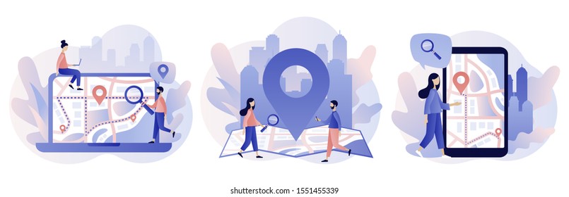 GPS navigation concept. Tiny people search on location. Online map. We have moved. Modern flat cartoon style. Vector illustration