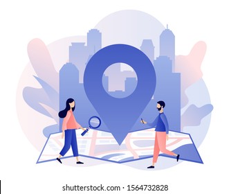 GPS Navigation Concept. Tiny People Search On Location. Online Map. We Have Moved. City Landscape Background. Modern Flat Cartoon Style. Vector Illustration