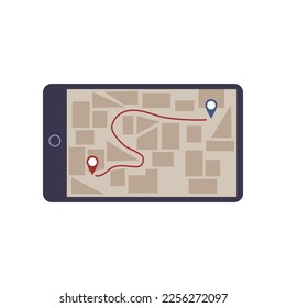 Navegación Gps para entregar pedidos en línea aislados en blanco. Ruta del mapa de la ciudad con marcadores en smartphone. Ilustración vectorial del servicio express de entrega. Concepto de tecnología de entrega