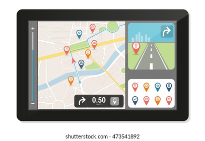 Gps navigation device and city map with pins and icons, technology and traveling concept