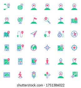 GPS navigation elements collection, geo location flat icons set, Colorful symbols pack contains - navigator cursor, map location pin, destination point, route . Vector illustration. Flat style design