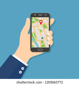 GPS Navigation Flat Design Concept. Hand Holding Mobile Phone With GPS Navigation Map On Screen.