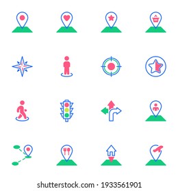 GPS-Navigations-Flachsymbole Set, Farbige Symbole Paket enthält - Geolocation, Kartenzeiger, menschliche Position Flughafen-Position, Restaurant-Platzhalter, Ampel. Vektorgrafik. Flaches Design