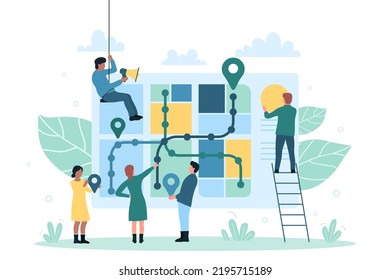 GPS navigation, geolocation system and local search. Cartoon tiny people orienteering on place to find route, road or address on city map flat vector illustration. Travel, location app concept