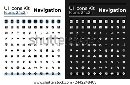 GPS and navigation glyph ui icons set for dark, light mode. Pin location. Silhouette symbols for night, day themes. Solid pictograms. Vector isolated illustrations. Montserrat Bold, Light fonts used