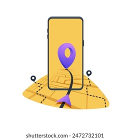 GPS navigation to the goal with online mobile application includes smartphone, road on the screen. Location with GPS map. Smartphone with pins marker. Vector illustration on white background