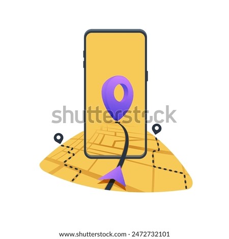 GPS navigation to the goal with online mobile application includes smartphone, road on the screen. Location with GPS map. Smartphone with pins marker. Vector illustration on white background