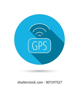 GPS navigation icon. Map positioning sign. Wireless signal symbol. Blue flat circle button with shadow. Vector