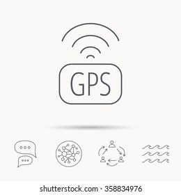 GPS navigation icon. Map positioning sign. Wireless signal symbol. Global connect network, ocean wave and chat dialog icons. Teamwork symbol.