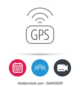 GPS navigation icon. Map positioning sign. Wireless signal symbol. Group of people, video cam and calendar icons. Vector
