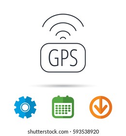 GPS navigation icon. Map positioning sign. Wireless signal symbol. Calendar, cogwheel and download arrow signs. Colored flat web icons. Vector