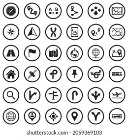 GPS And Navigation Icons. Black Flat Design In Circle. Vector Illustration.