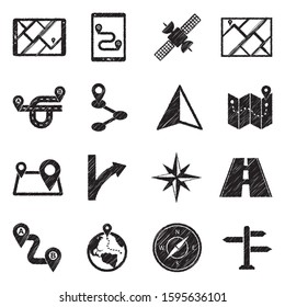 GPS And Navigation Icons. Black Scribble Design. Vector Illustration.