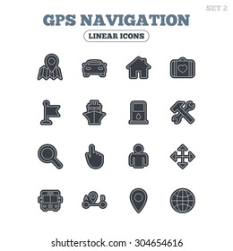 GPS navigation icons. Car, Bus and Ship transport. You are here, map pointer symbols. Search gas or petrol stations, hotels. A to B distance. Line icon with black border. Vector