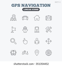 GPS navigation icons. Car, Bus and Ship transport. You are here, map pointer symbols. Search gas or petrol stations, hotels. A to B distance. Linear icons on white background.