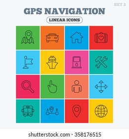 GPS navigation icons. Car, Bus and Ship transport. You are here, map pointer symbols. Search gas or petrol stations, hotels. A to B distance. Linear icons in colored squares.