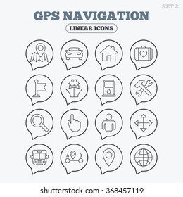 GPS navigation icons. Car, Bus and Ship transport. You are here, map pointer symbols. Search gas or petrol stations, hotels. A to B distance. Linear icons in speech bubbles.
