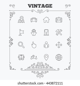 GPS navigation icons. Car, Bus and Ship transport. You are here, map pointer symbols. Search gas or petrol stations, hotels. A to B distance. Vintage ornament patterns. Decoration design elements.