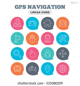 GPS navigation icons. Car, Bus and Ship transport. You are here, map pointer symbols. Search gas or petrol stations, hotels. A to B distance. Flat speech bubbles with linear icons. Vector