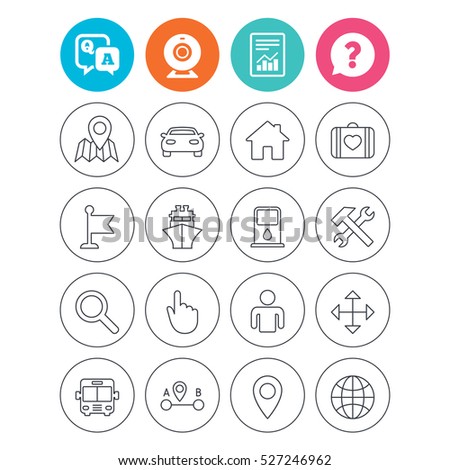 GPS navigation icons. Car, Bus and Ship transport. You are here, map pointer symbols. Search gas or petrol stations, hotels. A to B distance. Report document, question and answer icons. Vector