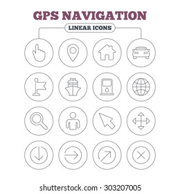 GPS navigation icons. Car and Ship transport. You are here, map pointer symbols. Search gas or petrol stations, hotels. Circle buttons on white. Vector