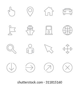 GPS navigation icons. Car and Ship transport. You are here, map pointer symbols. Search gas or petrol stations, hotels. Outline line icons on white background. Vector