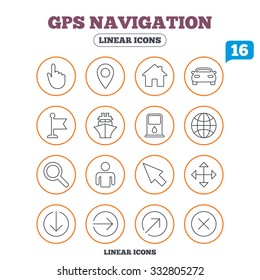 GPS navigation icons. Car and Ship transport. You are here, map pointer symbols. Search gas or petrol stations, hotels. Circle buttons on white. Vector