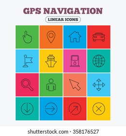GPS navigation icons. Car and Ship transport. You are here, map pointer symbols. Search gas or petrol stations, hotels. Linear icons in colored squares.