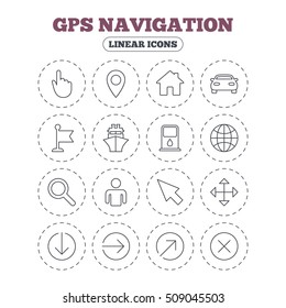 GPS navigation icons. Car and Ship transport. You are here, map pointer symbols. Search gas or petrol stations, hotels. Round flat buttons with linear icons. Vector