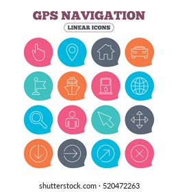 GPS navigation icons. Car and Ship transport. You are here, map pointer symbols. Search gas or petrol stations, hotels. Flat speech bubbles with linear icons. Vector