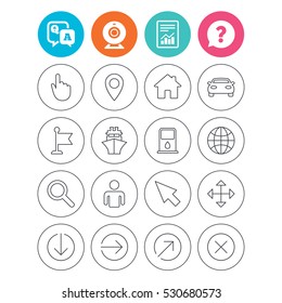 GPS navigation icons. Car and Ship transport. You are here, map pointer symbols. Search gas or petrol stations, hotels. Report document, question and answer icons. Web camera sign. Vector