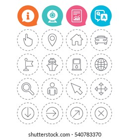 GPS navigation icons. Car and Ship transport. You are here, map pointer symbols. Search gas or petrol stations, hotels. Information, question and answer icons. Web camera, report signs. Vector
