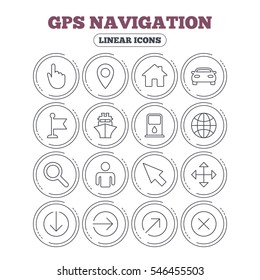 GPS navigation icons. Car and Ship transport. You are here, map pointer symbols. Search gas or petrol stations, hotels. Circle flat buttons with linear icons. Vector
