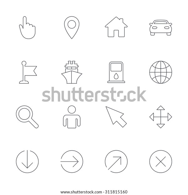 GPS navigation icons. Car and\
Ship transport. You are here, map pointer symbols. Search gas or\
petrol stations, hotels. Outline line icons on white background.\
Vector