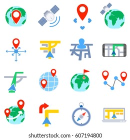 GPS navigation icons set. geolocation information, flat design. space-based radionavigation system. isolated symbols collection 