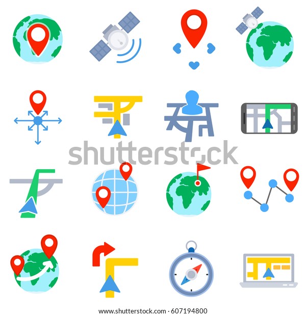 GPS navigation icons set. geolocation information, flat\
design. space-based radionavigation system. isolated symbols\
collection 