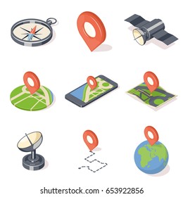 GPS navigation icons set isolated on white background. Isometric vector illustration
